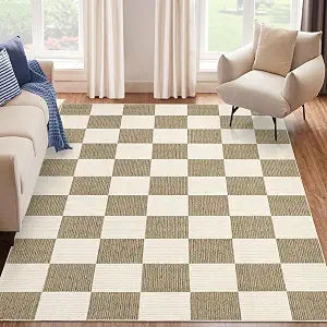 GarveeHome 5x7 Checkered Rug, Neutral Bedroom Rug, Washable Geometric Rugs for Living Room, Classroom, Office, Balcony, Non Slip Stain Resistant Dining Room Area Rug, Beige