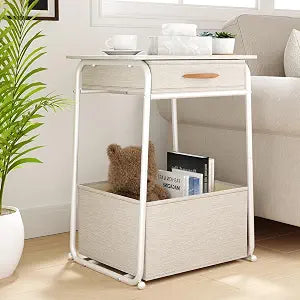 Olldide White Side Table with Storage Basket, End Tables with Fabric Drawer
