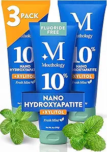 Mouthology 10% Nano Hydroxyapatite Toothpaste (3pk, Fluoride Free), Whitening*, Supports Enamel Care*, Appropriate for Sensitive Teeth*, SLS Free, Xylitol nHA Toothpaste Adults, Mint 4oz (USA Made)
