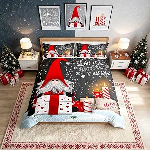 Erosebridal Xmas Bedding Sets Scandinavian Christmas Santa Gnomes Comforter Cover Snowing Santa Claus Bedding Sets for Kids Boys Girls Romantic Candlelight Quilt Cover 3 Pieces King Size