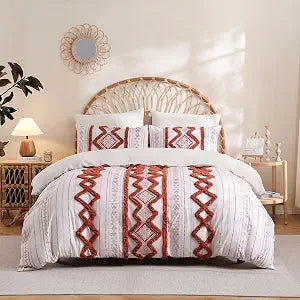 Herside 100% Cotton Boho Duvet Cover Set Queen Size,Shabby Chic Aztec Western Brick Red Tufted Bedding,Farmhouse Luxury 3 Piece Textured Quilt Duvet Set for All Season Home Decor