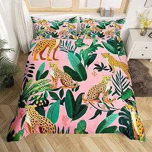 Tropical Leopard Duvet Cover Full Size Palm Leaves Botanical Comforter Cover for Teens Adults Kids Africa Cheetah Animal Bedding Set Wildlife Breathable 3 Pcs Decorative Bed Cover(No Comforter)