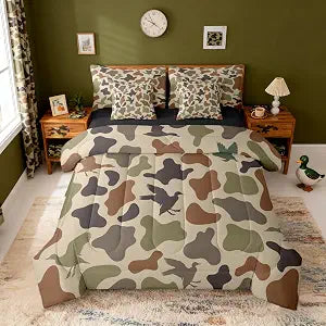 Castle Fairy Duck Hunter Green Camouflage Hunting 7 Pieces Bedding Set,Full Size Black Brown All Season,Bed in a Bag with Comforter, Sheets,Pillowcases Camo Army Bed Set Breathable Wild Room Decor