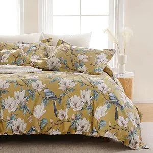100% Cotton Duvet Cover King Size 90"x90",Floral and Bird Print,Yellow
