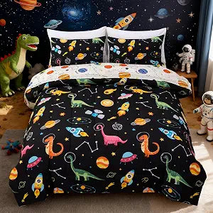 Aimuan Space Dinosaur Comforter Set Kids Animals Bedding Set Super Soft & Cute Aliens UFO Dinosaur Printed for Boys Girls Teen (Black-Green, Twin 5Pcs)