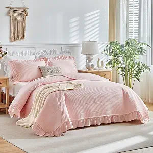 Pink Ruffle Quilt Set Full/Queen Size, 3 Pieces Shabby Chic Farmhouse Striped Bedspread Coverlet Set, Solid Lightweight Soft Microfiber Bed Cover for All Season (1 Ruffled Quilt + 2 Pillow Shams)