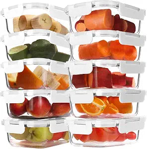 BAYZZ 10 Pack 22 oz Glass Meal Prep Containers, Glass Food Storage Containers with Airtight Lids, BPA-Free, Freezer and Microwave Safe, White