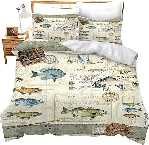 Jerkboo Fishing Bedding Set - Duvet Cover Twin Full Queen King Size Comforter Cover for Kids Adults Men Women - Theme Quilt Cover Decorative Soft Set With 2 Pillowcases