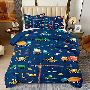 3 Pcs Twin Bedding Set for Boys, Kids Construction Truck Comforter Sets, Excavator Truck Twin Boys Bedding Sets for All Season