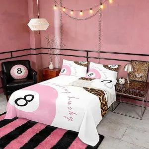 Manfei Fashion Leopard Bed Sheets Queen Size,Aesthetic Cheetah Modern Art Bedding Set, Trendy Lucky 8 Ball Boys Girls Room Decor,Pink White Brown Sheet(Fitted+Flat+2 Pillowcases)