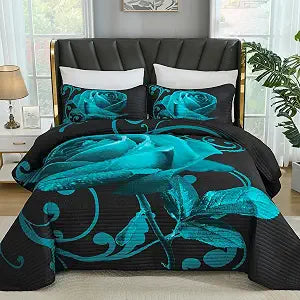 Xruibed Floral Quilt Set Queen Size, 3 Pieces Teal Rose Quilt Set Botanical Bedspread with 2 Pillow Shams Bedding Set, Soft Micorfiber Lightweight Coverlet for All Season (90"x96")