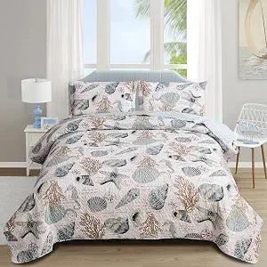 Beach Bedding King Size Lightweight Coastal Bedspreads Ocean Theme,3Pcs Conch Seashell Starfish Quilts Set Nautical Seahorse Seaweed Coverlet with Pillow Shams