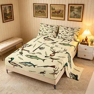 Feelyou Hunting Fishing Bed Sheets Set Deer Fitted Sheet Twin Size for Boys