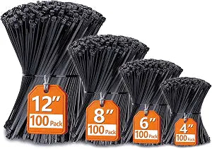 Zip Ties Assorted Sizes(4+6+8+12), 400 Pack, Black Cable Ties, UV Resistant Wire Ties by ANOSON