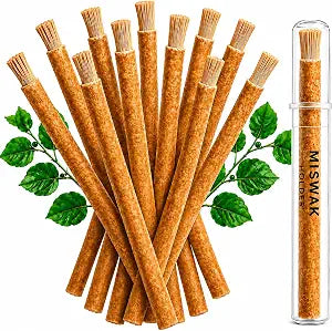 Miswak Sticks for Teeth Pack of 12 with Holder - 100% Natural Salvadora Persica Miswak Sticks - Traditional Oral Care Chewing Sticks - Vacuum Sealed
