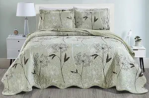 Masterplay 3-Piece Fine Printed Oversize (100" X 95") Quilt Set, Bedspread Coverlet Queen Size Bed Cover (Sage Green, Brown, White, Vine)