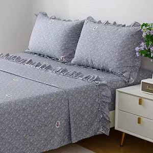 Floral Sheet Set, 4-Piece, 100% Cotton, 18-Inch Deep Pocket, French Countryside Ruffle Design (Pattern C, Queen (U.S. Standard))