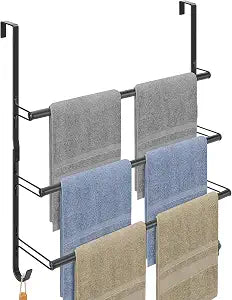 Livabber 3-Tier Over The Door Towel Rack, All Metal Towel Rack with Hooks for Door Hanging, Behind Door Towel Bar Towel Storage Holder for Bathroom Accessories, Black (22.8" L x 5.9" W x 24.4" H)