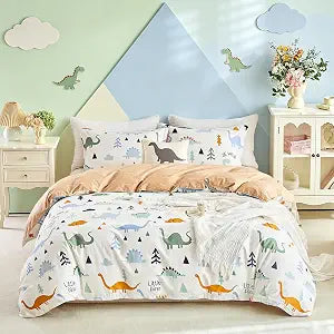 Joyreap 3Pieces Kids Cotton Duvet Cover Set Twin, Dinosaur Orange, 1 Duvet Cover 2 Pillow Shams