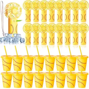 Potchen 32 Pcs Softball Baseball Mini Handheld Fans Bulk and 16oz Plastic Tumbler with Lid and Straw 16 Small Portable Fans 16 Cups for Team Gifts Softball Baseball Party Favor(Yellow,Classic Style)