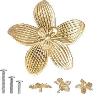 8 Pack Brushed Gold Brass Flower Cabinet Knobs, 2.4 Inch