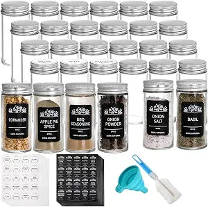 Tebery 30 Pack Round Spice Bottles Jars with Silver Lids, 3oz Empty Glass Spice Containers Shakers Complete Organizer Set Includes Shaker Lids, Wide Funnel, Labels and Cleaning Brush