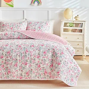 Joyreap 2 Pieces Floral Cotton Quilt Set for Girls, Pink n Gray Flowers Design, Queen Size Cozy Lightweight Bedding Set Quilt Bedspread Bed Cover- 88x88 inches
