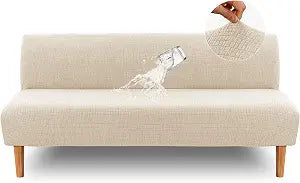 H.VERSAILTEX 100% Waterproof Futon Covers, Leakproof Armless Sofa Covers, Stretch Jacquard Sofa Bed Cover, Washable Futon Slipcover Furniture Protector for Kids, Pets, Dog and Cat, Ivory