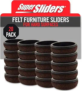 Super Sliders 1" Round Formed Secure Reusable Felt Furniture Sliders for Hard Surfaces, Noise-Reducing Adhesive Furniture Moving Pads, Fits 1" Legs, Set of 20, Brown