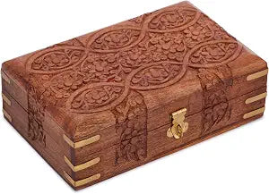 Ajuny Wooden Treasure Chest 8x5 Inch, Hand Carved Eye Floral Jewelry Box