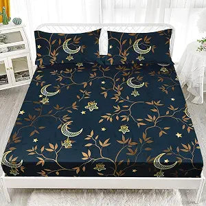 AILONEN Moon Fitted Sheet Queen Size - Gold Crescent Moon Bed Sheet 3 Pieces Set - Branch Leaves Bedding Set for Boys Girls Adults - Breathable & Soft Fitted Sheet and 2 Pillowcases