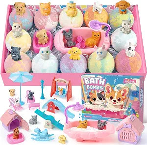 Toylink Bath Bombs for Kids with Surprise Inside for Girls Boys, 12 Pack Kids Bath Bombs with Dog & Cat Toys Pretend Playset Handmade Bubble Bath Fizzies Birthday Christmas Gift Set