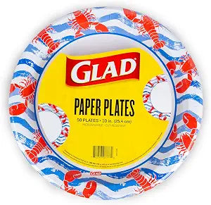 Glad Round Disposable Paper Plates, Lobster Waves Design, 10 Inch, 50 Count