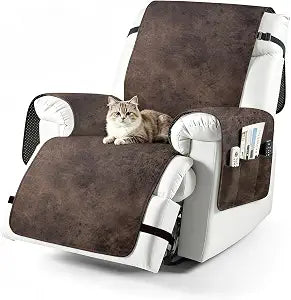 ANARACHON Recliner Chair Covers Leather Look, Non-Slip Recliner Cover with Double Side Pocket, Washable Furniture Cover for Pets (02 Brown, 23.6")