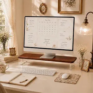 Bamboo Monitor Riser, Wide Desktop Monitor Stand for Desk with Clear Acrylic Legs, 31.5 x 8" Bamboo Wood Shelf, Fit Keyboard, Home Office Workspace Accessories,Study Stationaries Storage (Dark Brown)