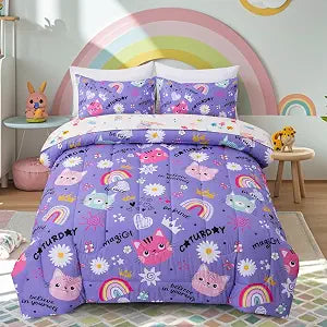 Btargot 5 Piece Cartoon Cat Reversible Kids Comforter Set, Cute Rainbow Bedding Set for Girls, Bed in a Bag for Kids Bedroom Decor, Twin Purple