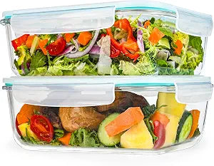 GEHE 9.8 Cup / 78 Oz Large Glass Food Storage Containers with Lids, 2 Pack Glass Meal Prep Containers Set with Airtight Locking Lids - Storing Food, Baking, Leakproof, Freezer, Microwave & Oven Safe
