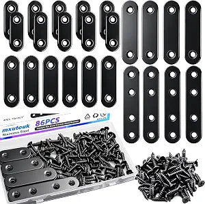 mxuteuk 86pcs Black Straight Flat Bracket,Stainless Steel Black Flat Brackets for Wood,Metal Mending Plate with Screws 36mm/46mm/56mm/76mm