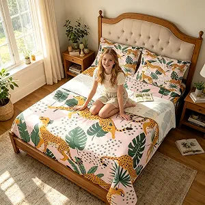 Manfei Cheetah Kids Sheet Twin Size,Palm Leaf Tropical Plant Botanical Rustic Girls Boys Bedding Set,Leopard Dot Jungle Animal Skin Pink Bed Sheet Set 3pcs(Fitted + Flat + 1 Pillowcase)