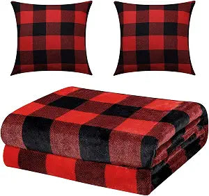 Tatuo Christmas Throw Blanket with 2 Pillow Covers, Red Black Buffalo Plaid