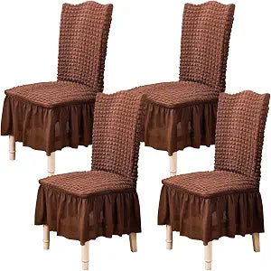 Qubjus Chair Covers for Dining Room Set of 4 Stretch Chair Slipcovers with Skirt Removable Washable Kitchen Chair Protector Cover Set for Home, Party, Wedding(Brown, 4pcs)