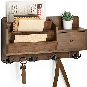 Rebee Vision Key Holder Wall Mount with Drawer Organizer for Entryway,Brown