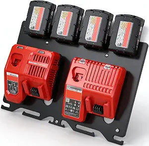 3-in-1 Battery Charger Wall Mount Holder for Milwaukee 4X M18 18V Battery and 2X M12-18C Charger/2x M12-18FC Charger/1x M18 DFC & 2 Drills. Battery Charger Hanger/Storage/Rack/Organizer for Garage