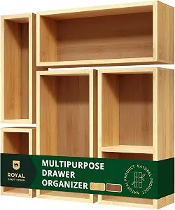 ROYAL CRAFT WOOD 5-Piece Bamboo Drawer Organizer Set Multi-Use Storage Trays for Kitchen, Bathroom, Office, Makeup, Jewelry & More Junk Drawer Tray, Utensil Holder, Storage Box & Bin Set (5 Boxes)