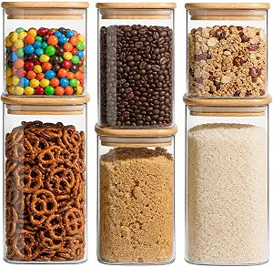 Airtight Glass Storage Containers with Lids Set of 6, 25 /37 /50oz Square Glass Jars with Bamboo Lids, Kitchen Canister Set for Pantry Organization Food Storage for Flour Sugar Rice Pasta Cereal
