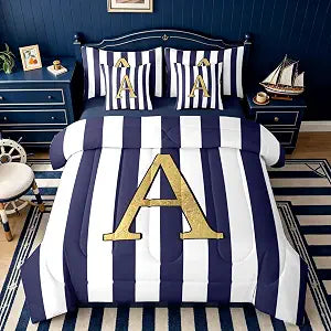 jejeloiu Monogram Letter A Comforter Set with Sheets 7 Piece Twin Navy Blue