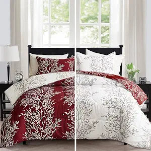 Flysheep Red Botanical Christmas Comforter Set Twin Size, Burgundy and White Tree Branch Floral Reversible 3 Piece Bedding Set, Ultra Soft Microfiber for All Season