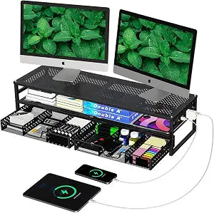 Simple Trending 2-Tier Metal Dual Monitor Stand with USB & 2 Drawers, Black