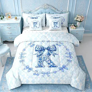 Feelyou Blue Bow Comforter Set Queen Size Letter 'K' 7 Pcs Bedding for Kids