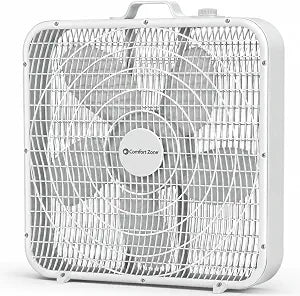COMFORT ZONE Box Fan with Carry Handle, 20 inch, 3 Speed Full-Force Air Circulation Window Fan, Bedroom Floor Fan with 5 Blades, White Noise Cooling Fan, White